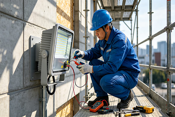 Technician inspecting the wiring and seals of an LED floodlight